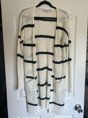 HYFVE Ivory Open-Front Striped Cardigan with Black Bands